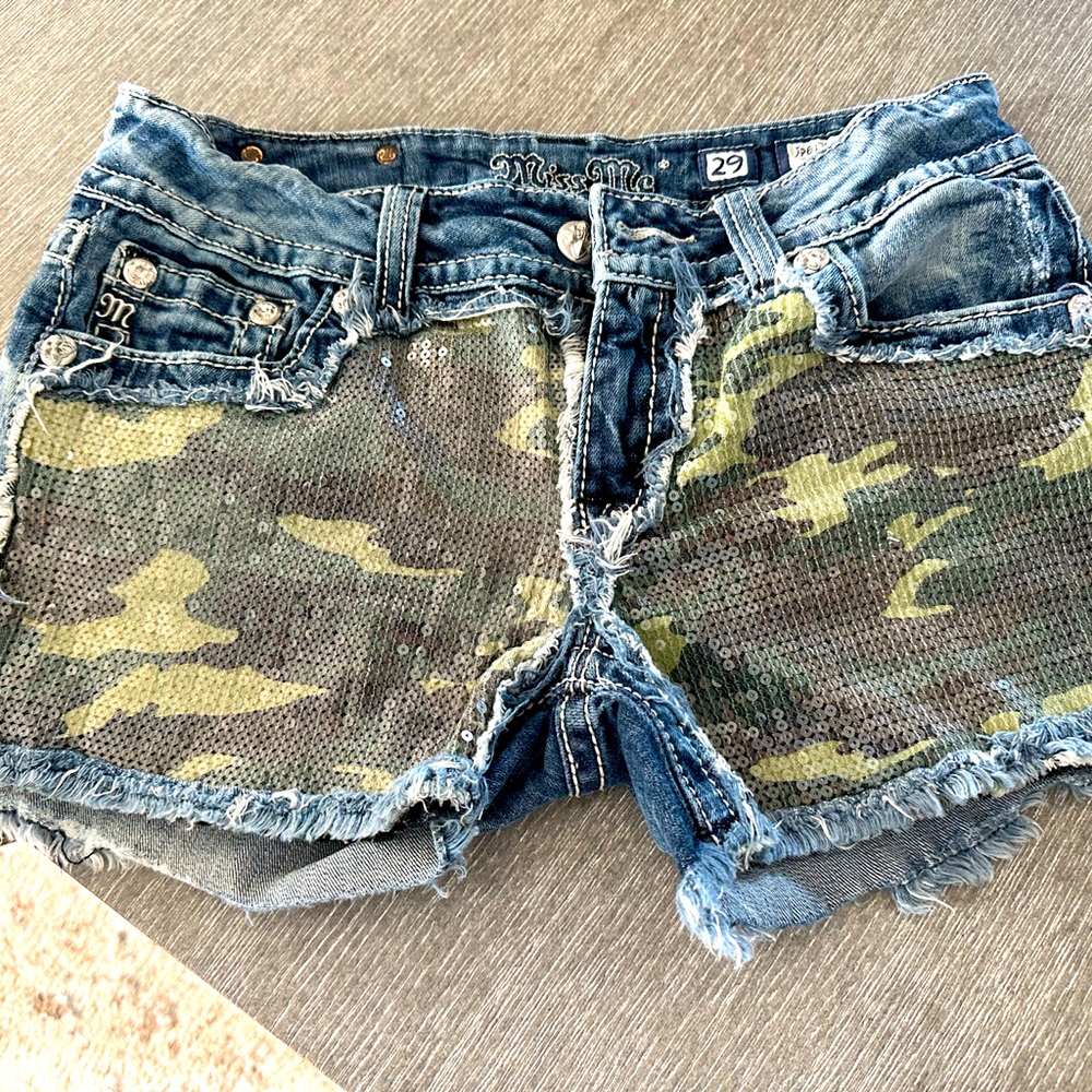 Miss me sequined camouflage and denim shorts.  Size 29